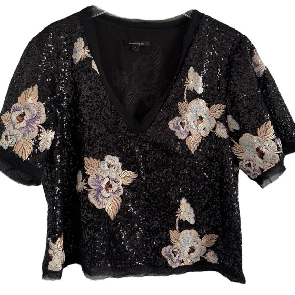 Nanette Lepore Tops - NANETTE LEPORE SEQUIN EMBROIDERED FLORAL V-NECK BLOUSE TOP SZ L
